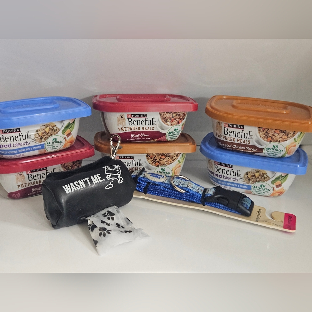 DONATED!  Dog Pack Loose! Purina Beneful (6), Collar, Clip-on Poop Bag Purse